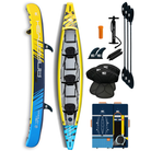 An inflatable triple kayak shown on a white background, including a hand pump, three paddles, two fins, three seats, three footrests and a carrying bag.