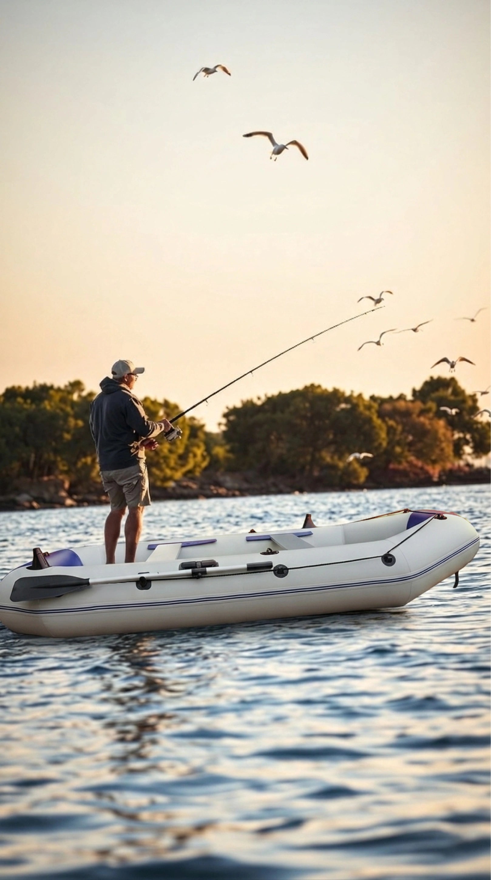 Person fishing from an inflatable boat on a lake with trees and birds in the background.