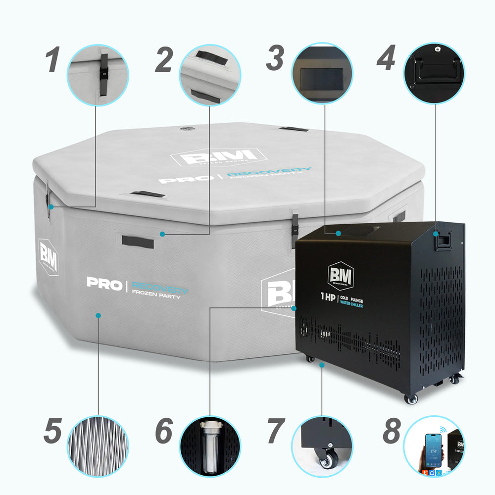 key features of ice tub and 1 hp cold plunge chiller