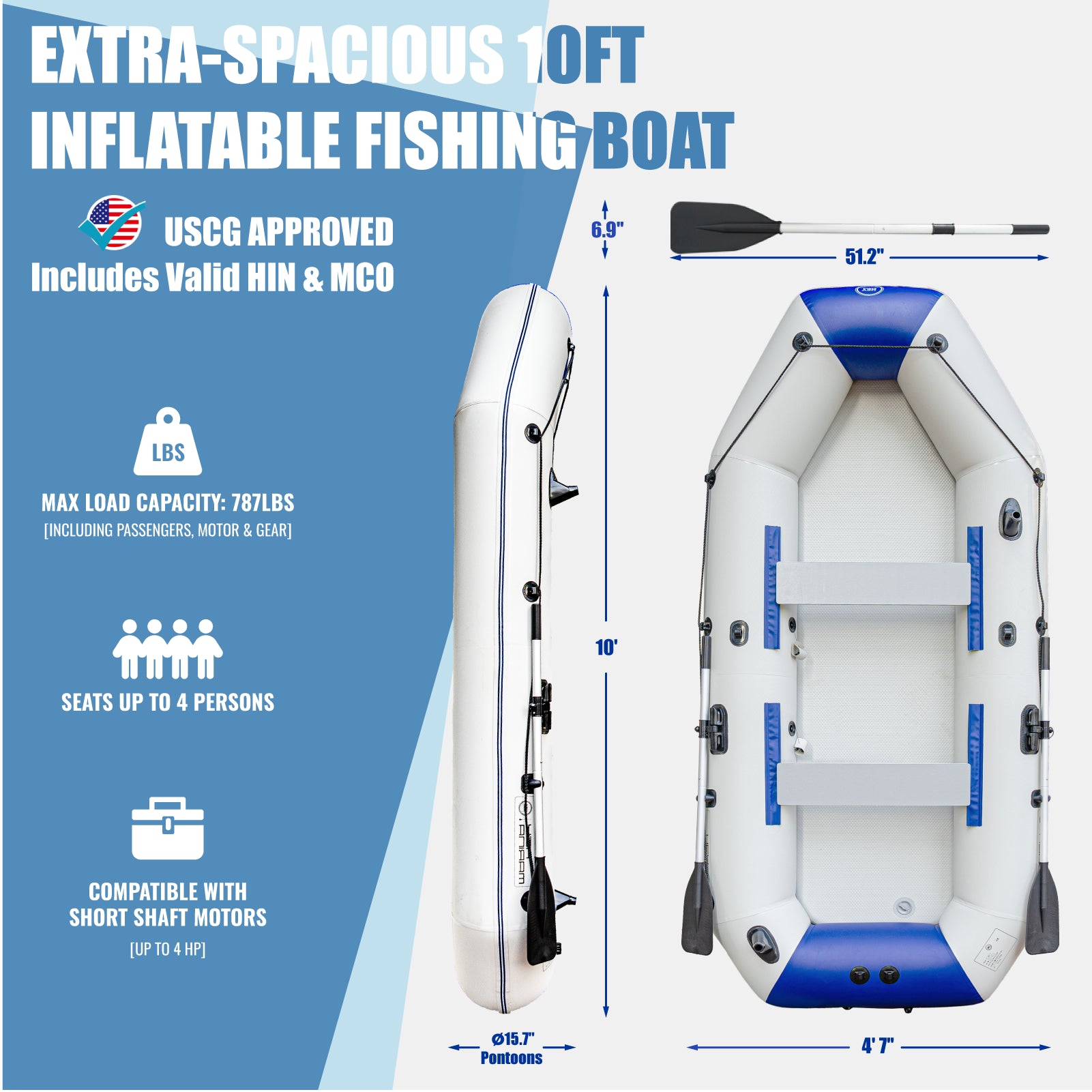Inflatable fishing boat with dimensions and features