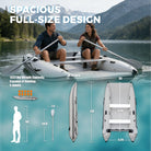 Two people paddling an inflatable catamaran boat on a lake with mountainous background, featuring product dimensions and capacity details.