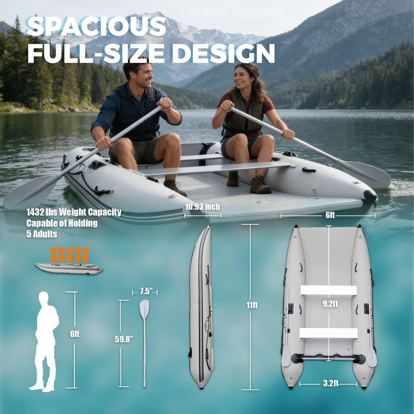Two people paddling an inflatable catamaran boat on a lake with mountainous background, featuring product dimensions and capacity details.