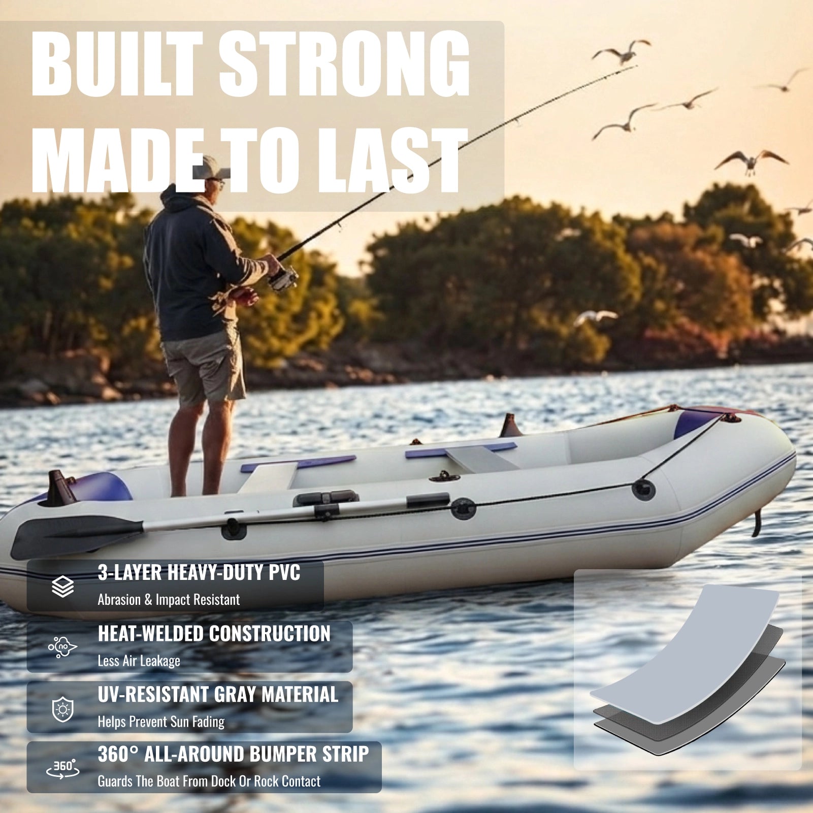 Inflatable boat on water with a man fishing