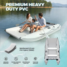 Family on an inflatable catamaran boat with text about premium heavy-duty PVC material.