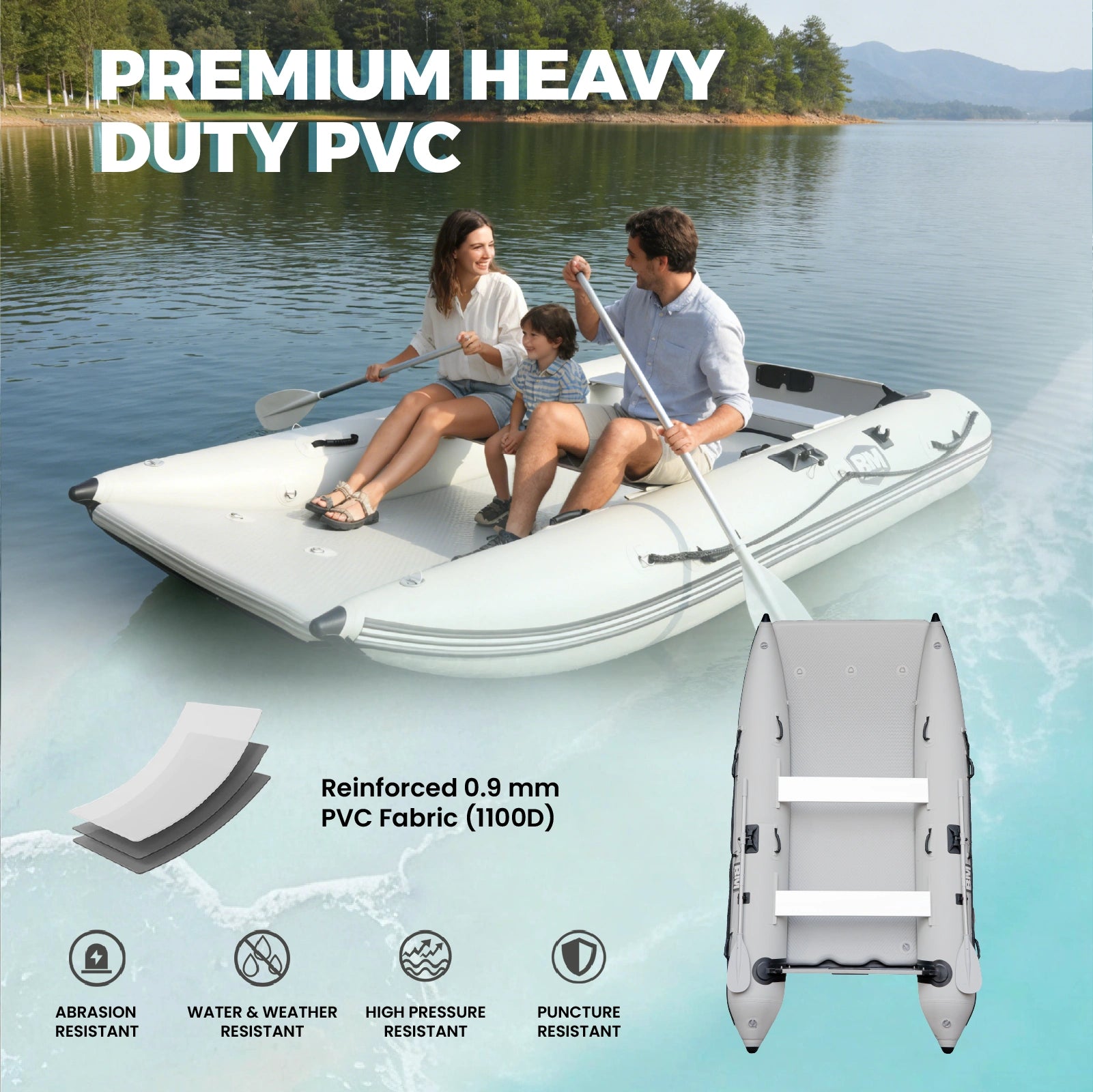 Family on an inflatable catamaran boat with text about premium heavy-duty PVC material.