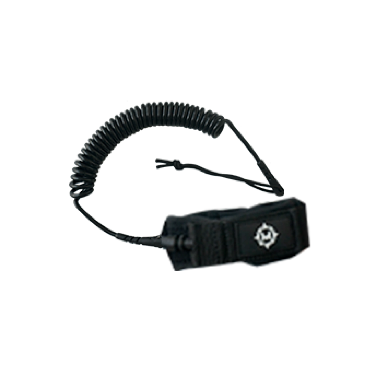 Black coiled leash with a clip on a white background