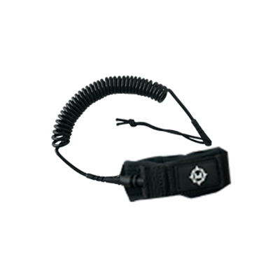 Black coiled leash with a clip on a white background