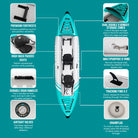 Inflatable 2 person kayak with features highlighted