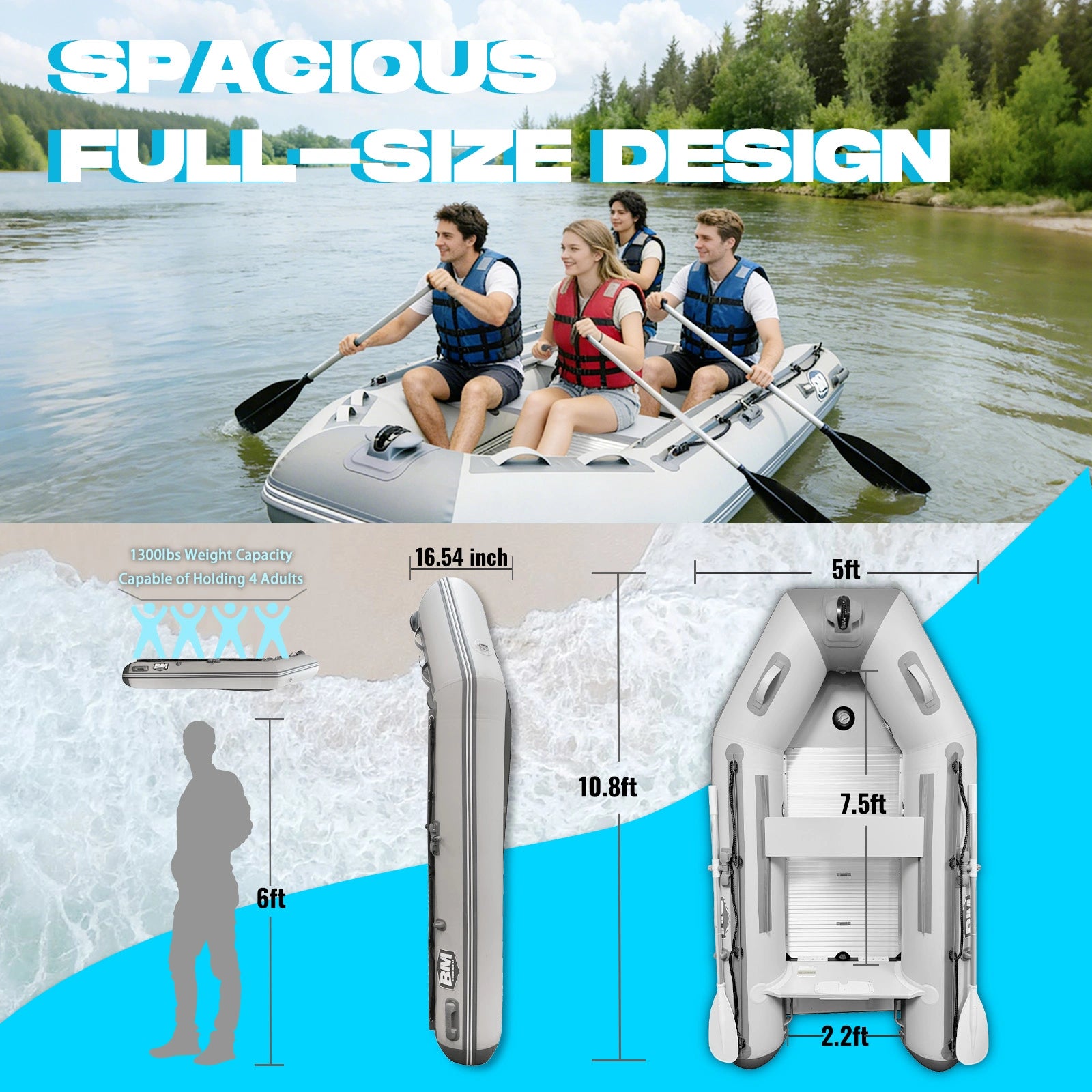 Inflatable boat with people on a lake, accompanied by measurements and design details.