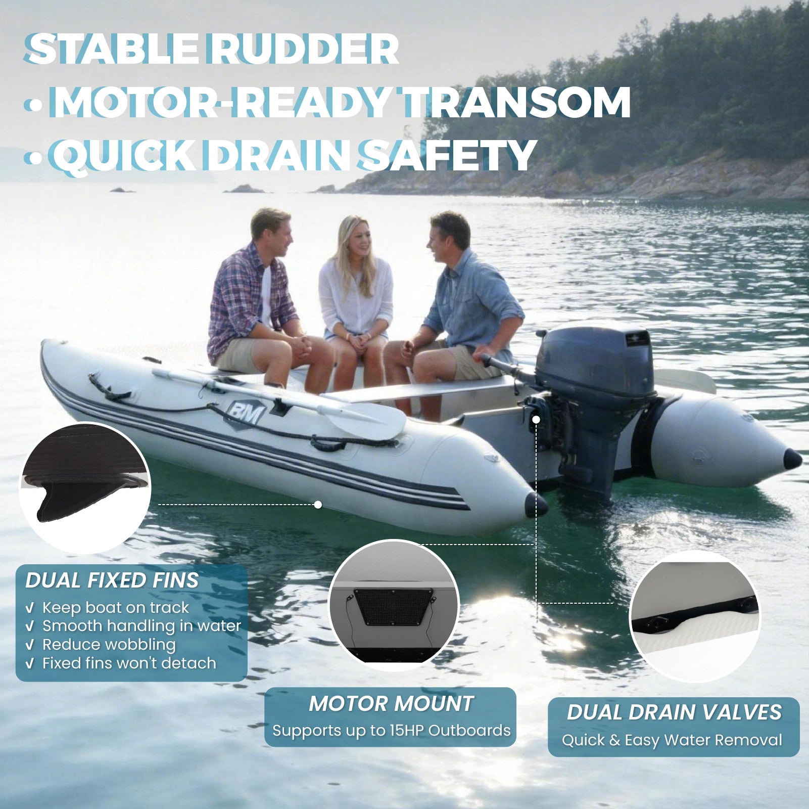 Three people relaxing in an inflatable catamaran boat