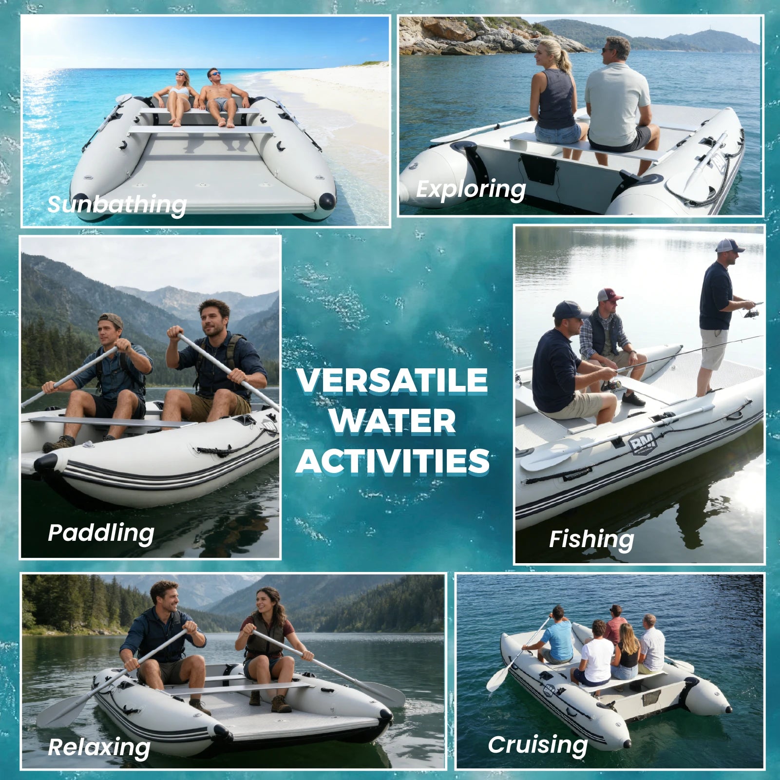 People using an inflatable catamaran boat for various water activities on a lake.