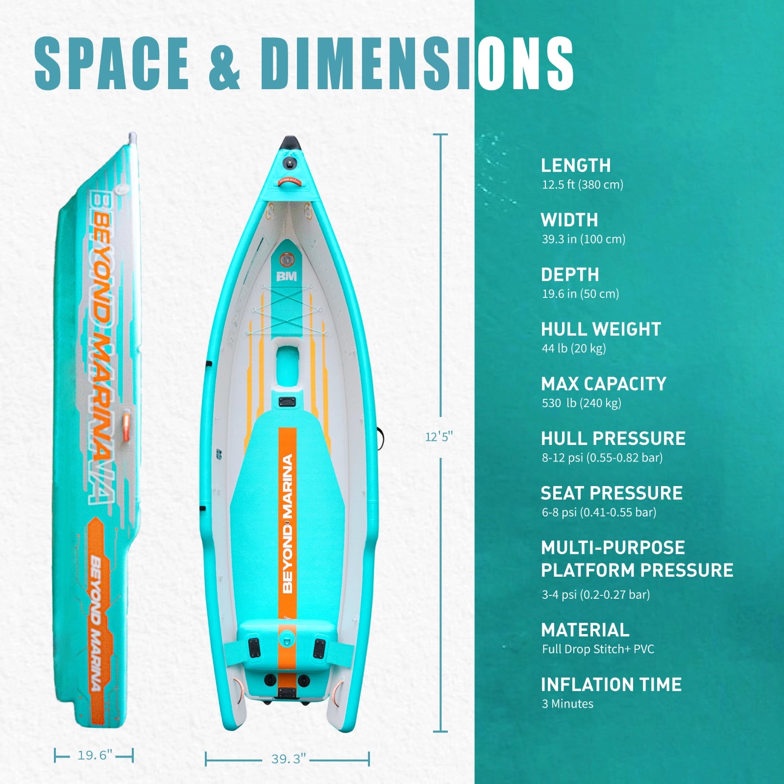 space and dimensions of inflatable fishing kayak