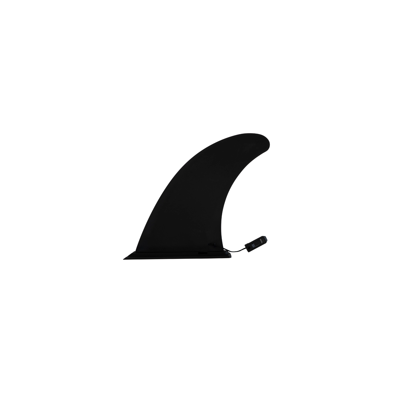 Black shark fin with a tag on a white background