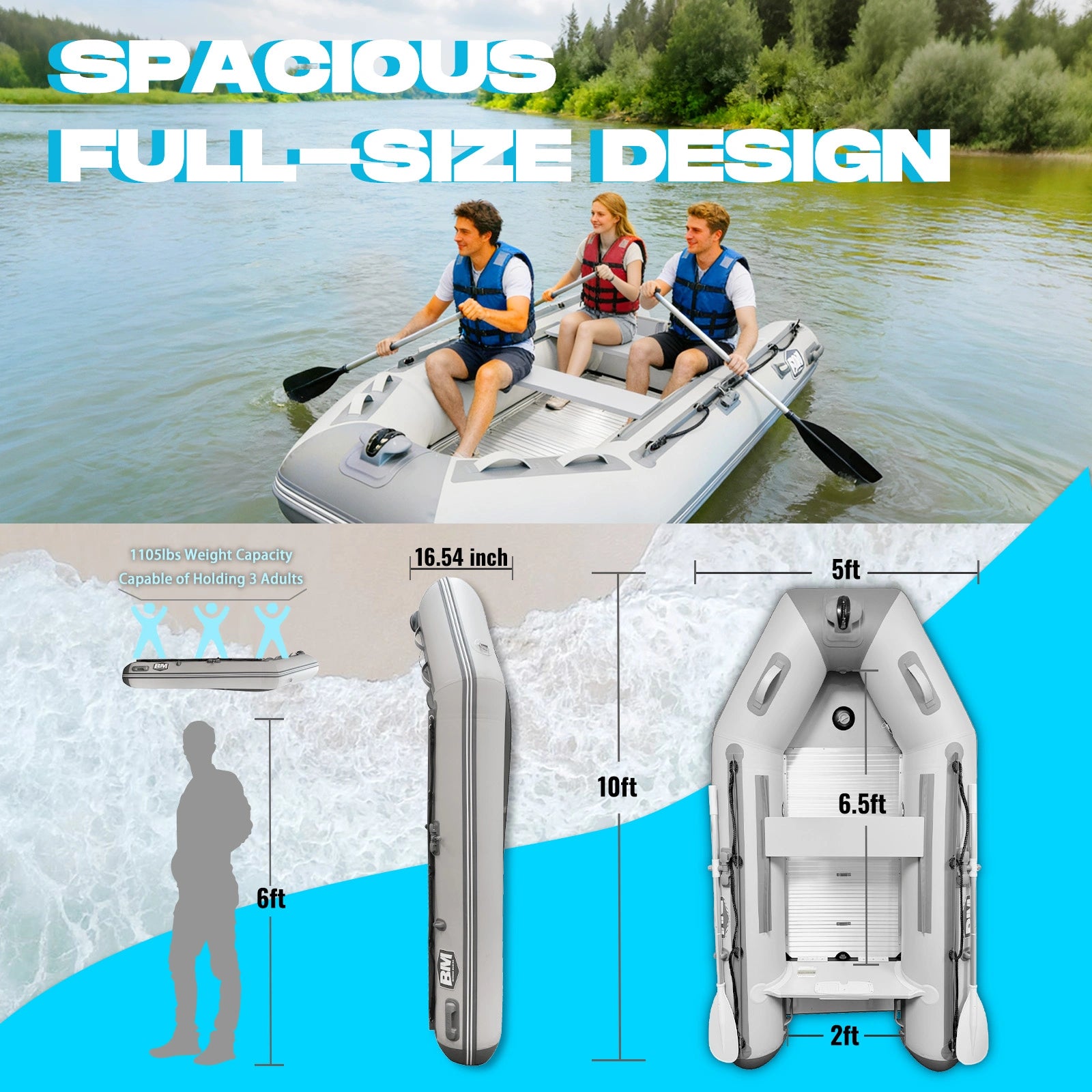 Inflatable boat with people on a lake, accompanied by measurements and design details.