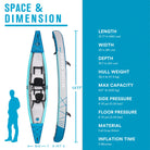 Tandem kayak with dimensions and specifications on a blue and white background