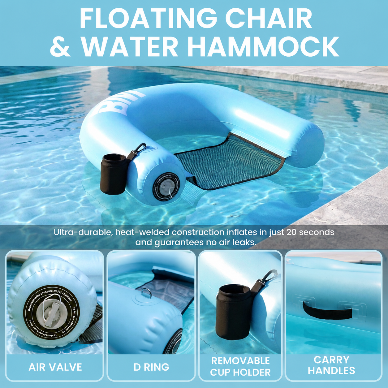 Inflatable floating chair and water hammock with features highlighted in a pool setting.