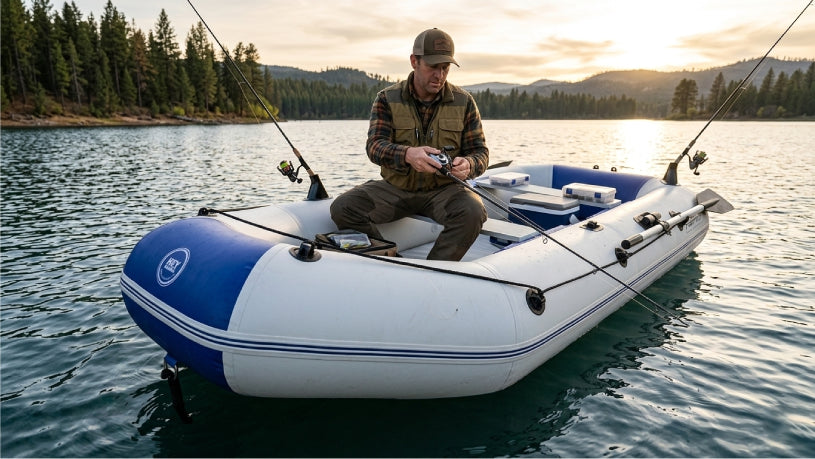 Man fishing on a blue and white inflatable boat on a lake with trees and mountains in the background.