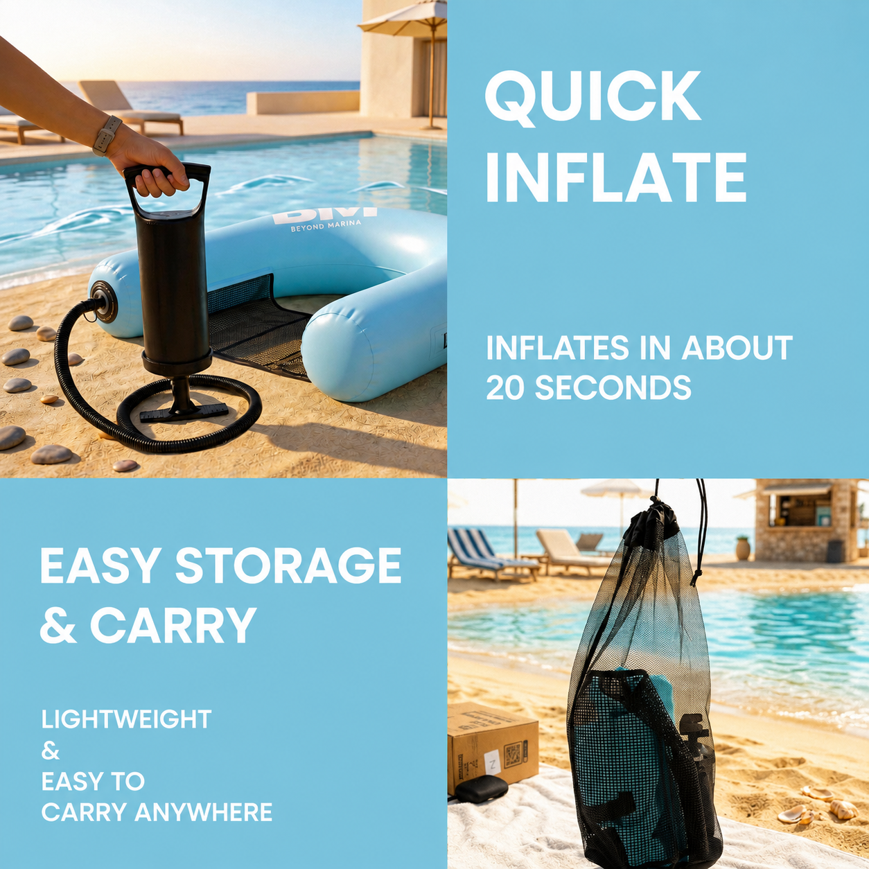 Inflatable pool float with pump and storage bag on a beach.