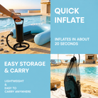 Inflatable pool float with pump and storage bag on a beach.