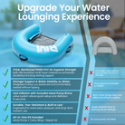Inflatable water lounger with comparison chart on a blurred pool background