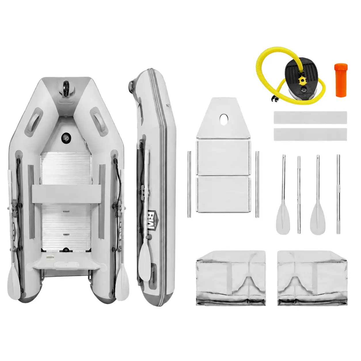 A gray inflatable dinghy shown from multiple angles on a white background, with included accessories arranged to the right: a yellow foot pump, orange repair kit, metal oars, and gray panels/straps.