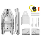 A gray inflatable dinghy shown from multiple angles on a white background, with included accessories arranged to the right: a yellow foot pump, orange repair kit, metal oars, and gray panels/straps.