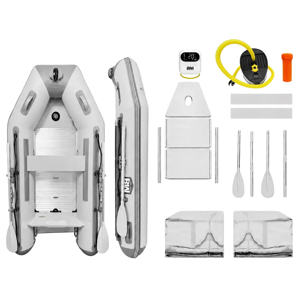 A gray inflatable dinghy shown in two views alongside its included accessories on a plain white background, including a pump, oars, straps, and a small electronic pump.