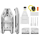 A gray inflatable dinghy shown in two views alongside its included accessories on a plain white background, including a pump, oars, straps, and a small electronic pump.