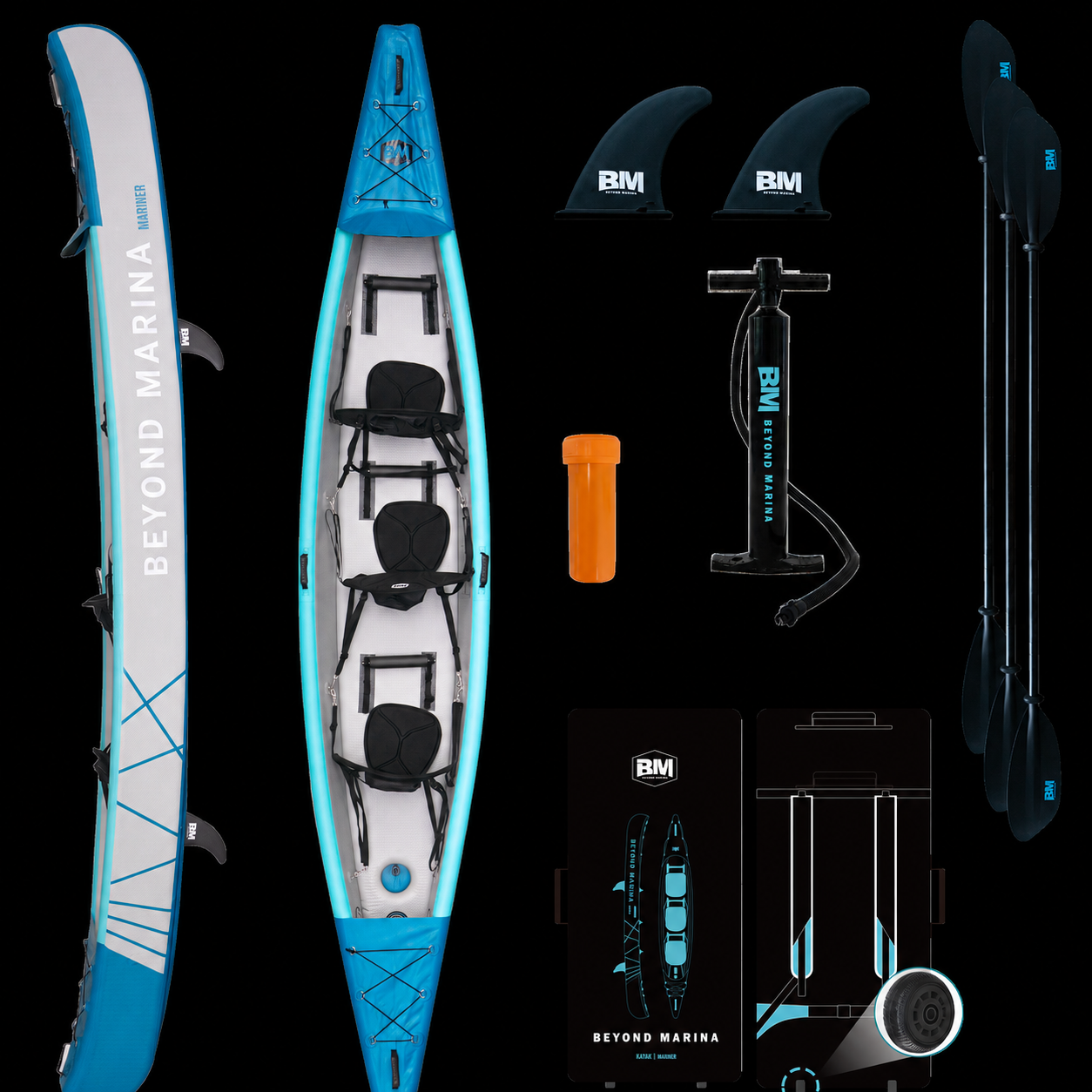 Blue and white kayak with accessories on a black background