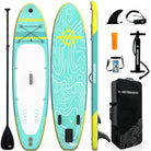 Mint green SUP board with paddle, fins, leash, pump, and backpack on a white background