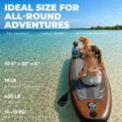 Woman and child on a paddleboard with text about ideal size for all-round adventures.