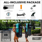 All-inclusive package for paddleboarding with features listed and two people carrying a backpack.