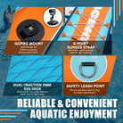 An informational product graphic for an inflatable diving board or paddle deck, showing four feature callouts: a GoPro mount, a 6-point bungee strap, a dual-traction 5mm EVA deck pad, and a safety leash point, with large text reading 'RELIABLE & CONVENIENT AQUATIC ENJOYMENT' over a pool background.