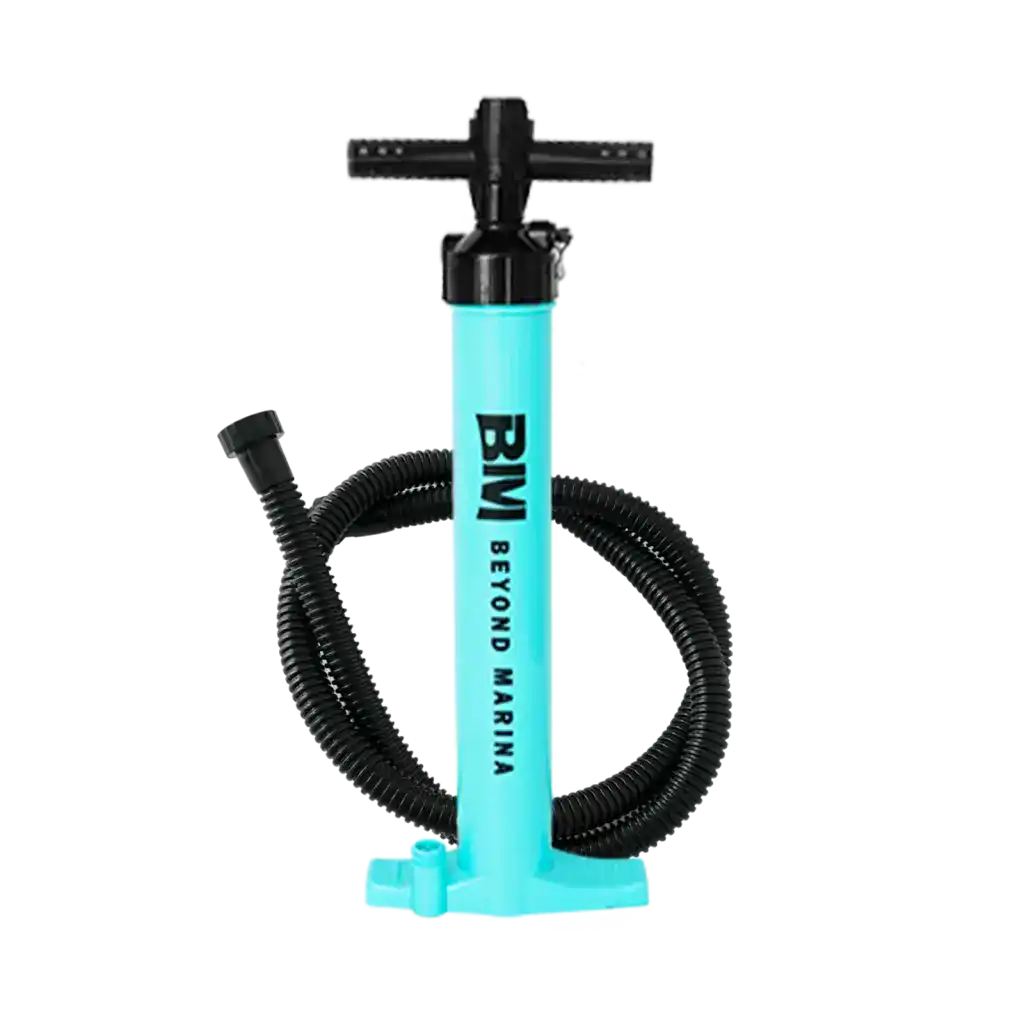 Aqua-colored manual air pump with black hose for paddle boards and inflatable ice tubs