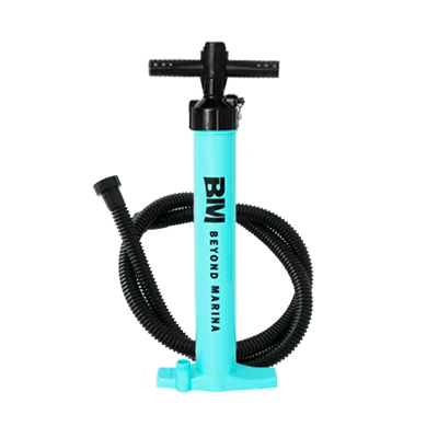 Aqua-colored manual air pump with black hose for paddle boards and inflatable ice tubs