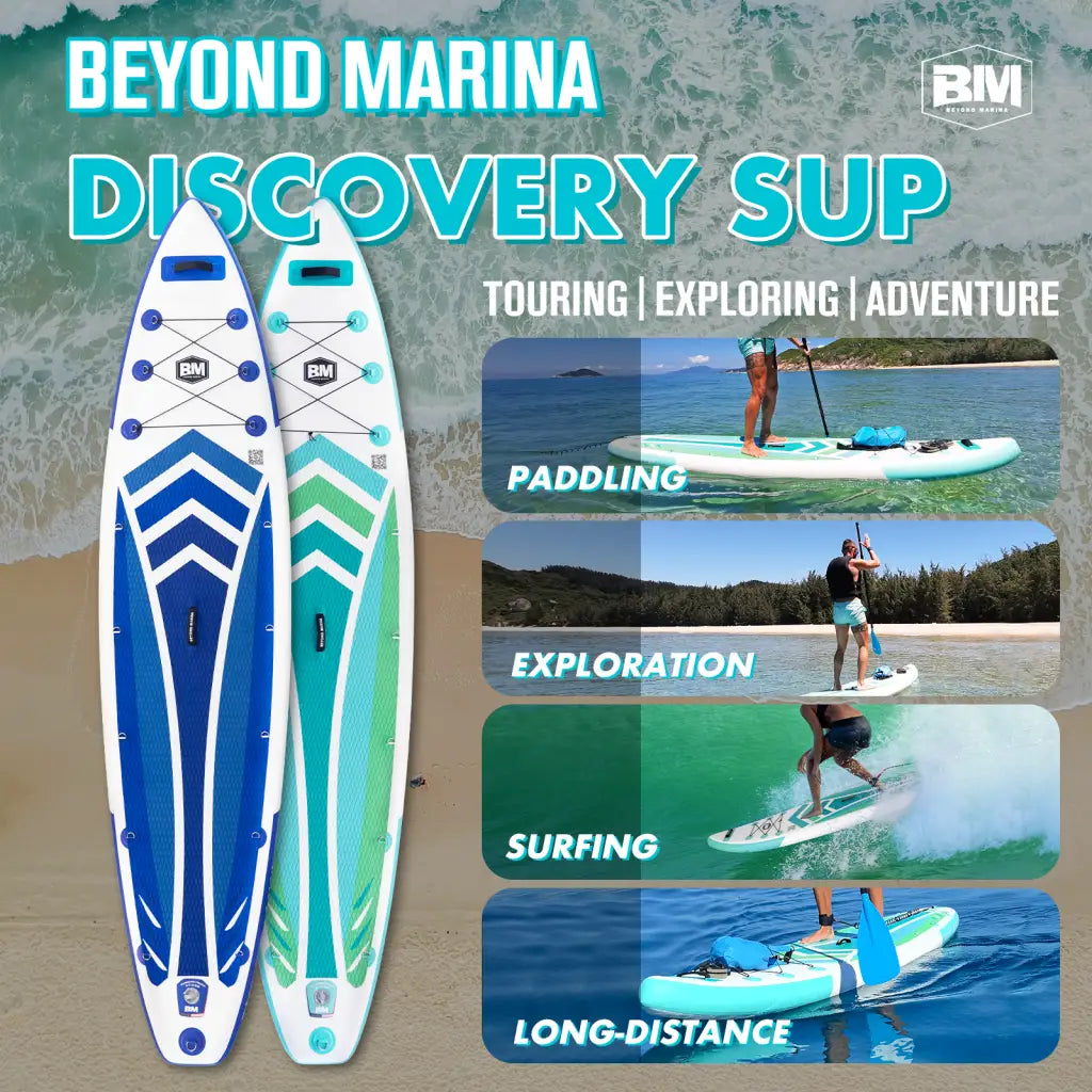 Person on featherlight™ inflatable paddle board with ’Beyonda Discovery’ displayed - Beyond Marina TOURING 11’6’ DISCOVERY Package.