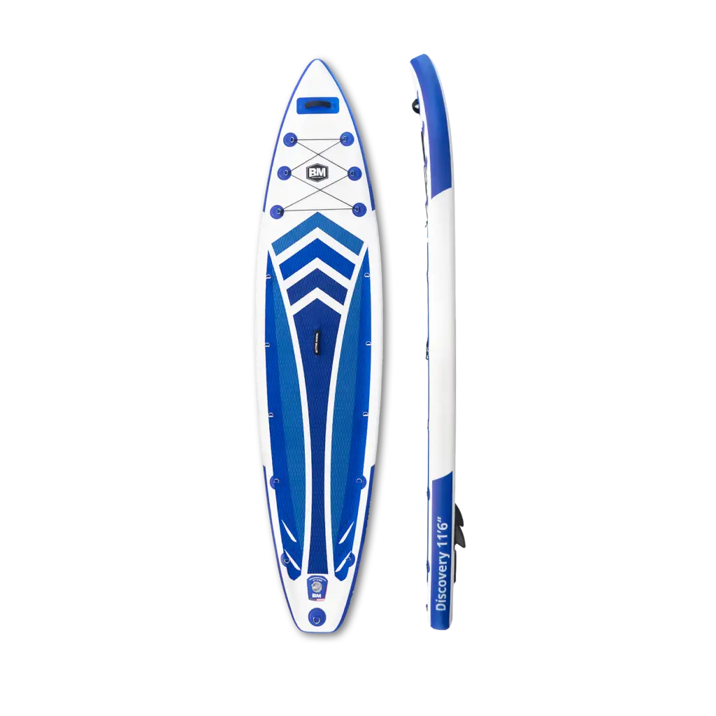 Blue and white featherlight™ inflatable paddle board with paddle