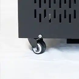 Black metal cabinet with caster wheel.