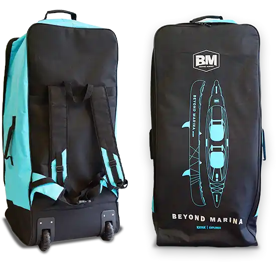 Black and turquoise wheeled kayak bag.