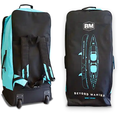 Black and turquoise wheeled kayak bag.