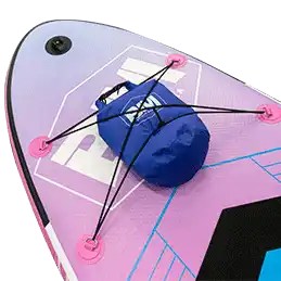 Blue dry bag secured with bungee cords.