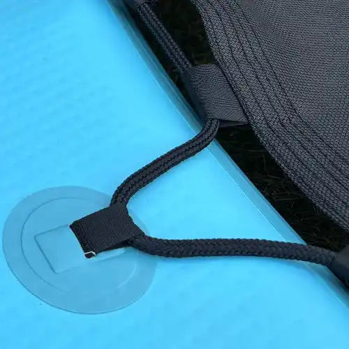 Blue inflatable paddleboard detail.