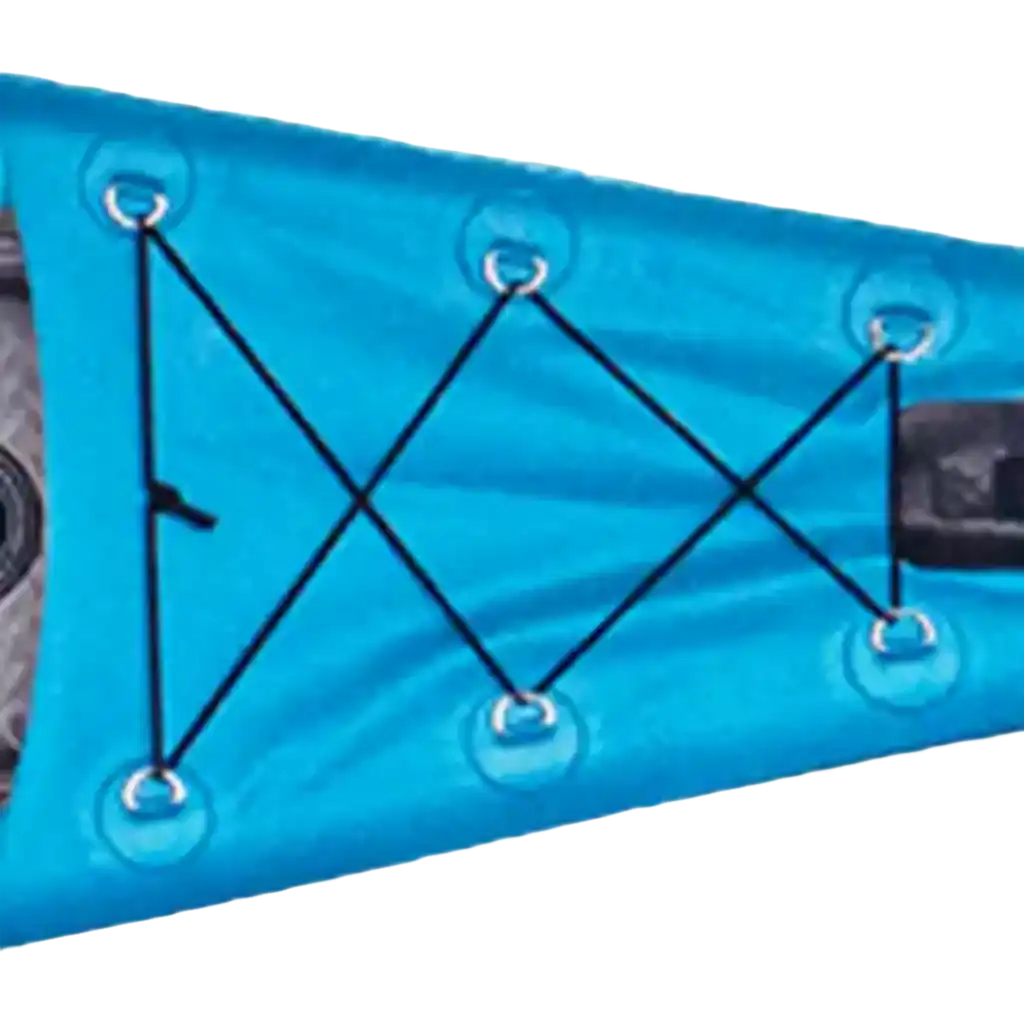 Blue kayak deck with bungee cords.