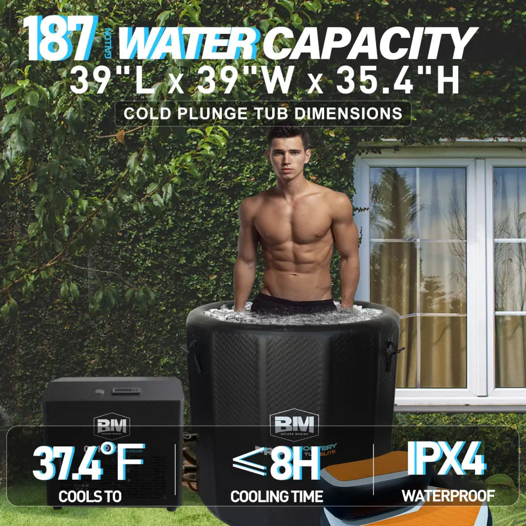 Black inflatable cold plunge tub with anti-slip steps and bivi branding