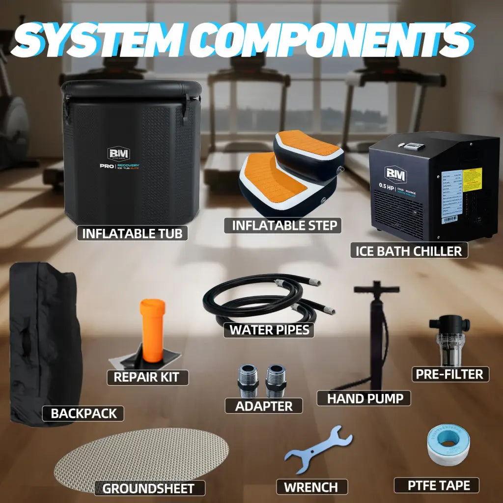 Black cold plunge tub with orange accents, anti-slip steps, durable material