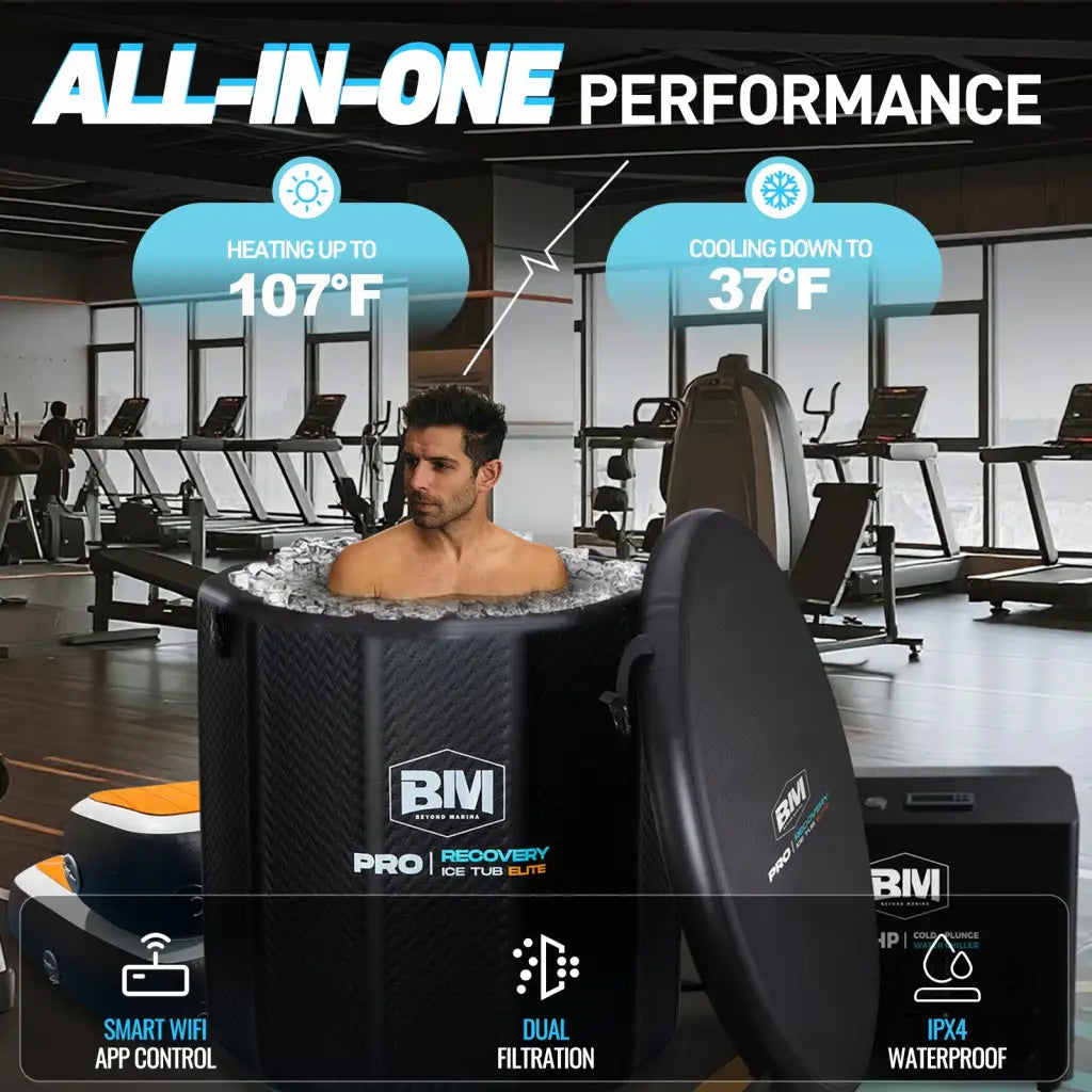 Black and orange cold plunge tub with anti-slip steps and smart WiFi control