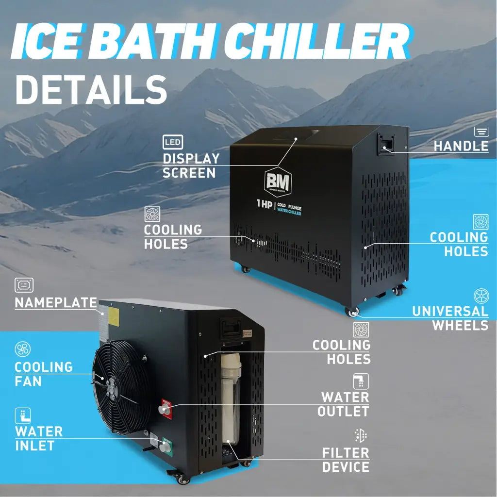 Black BM 1 HP ice bath tub chiller with anti-slip steps and cold plunge features