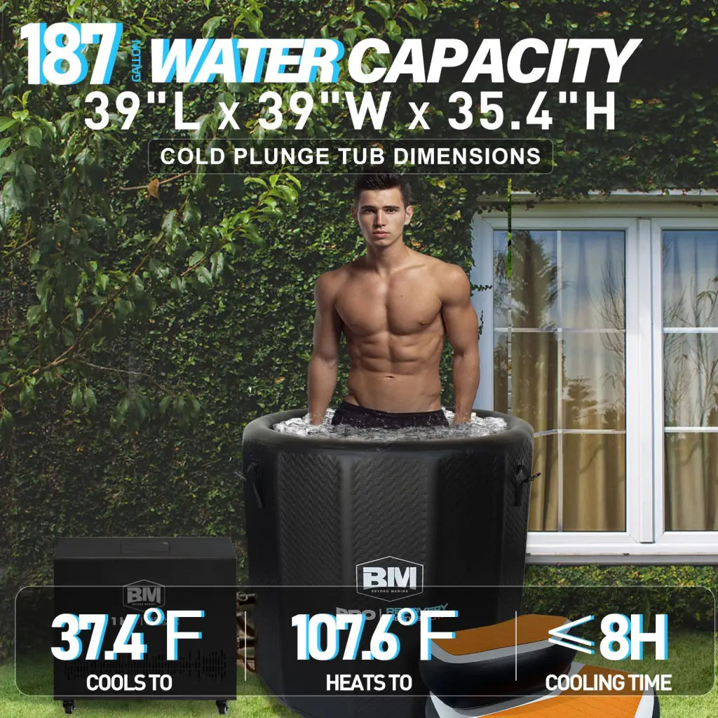 Black ice bath tub with anti-slip steps, cold plunge chiller, textured surface