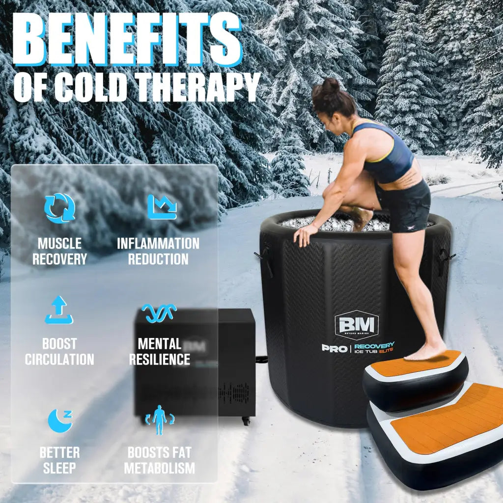 Black inflatable ice bath tub with orange and white anti-slip steps