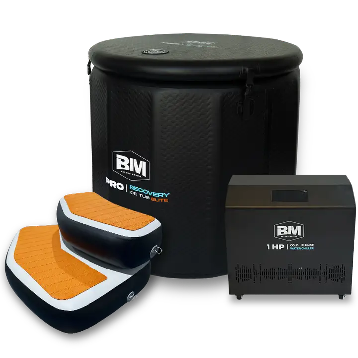Black and orange BVI ice bath tub with jets, 1 hp pump, anti-slip steps